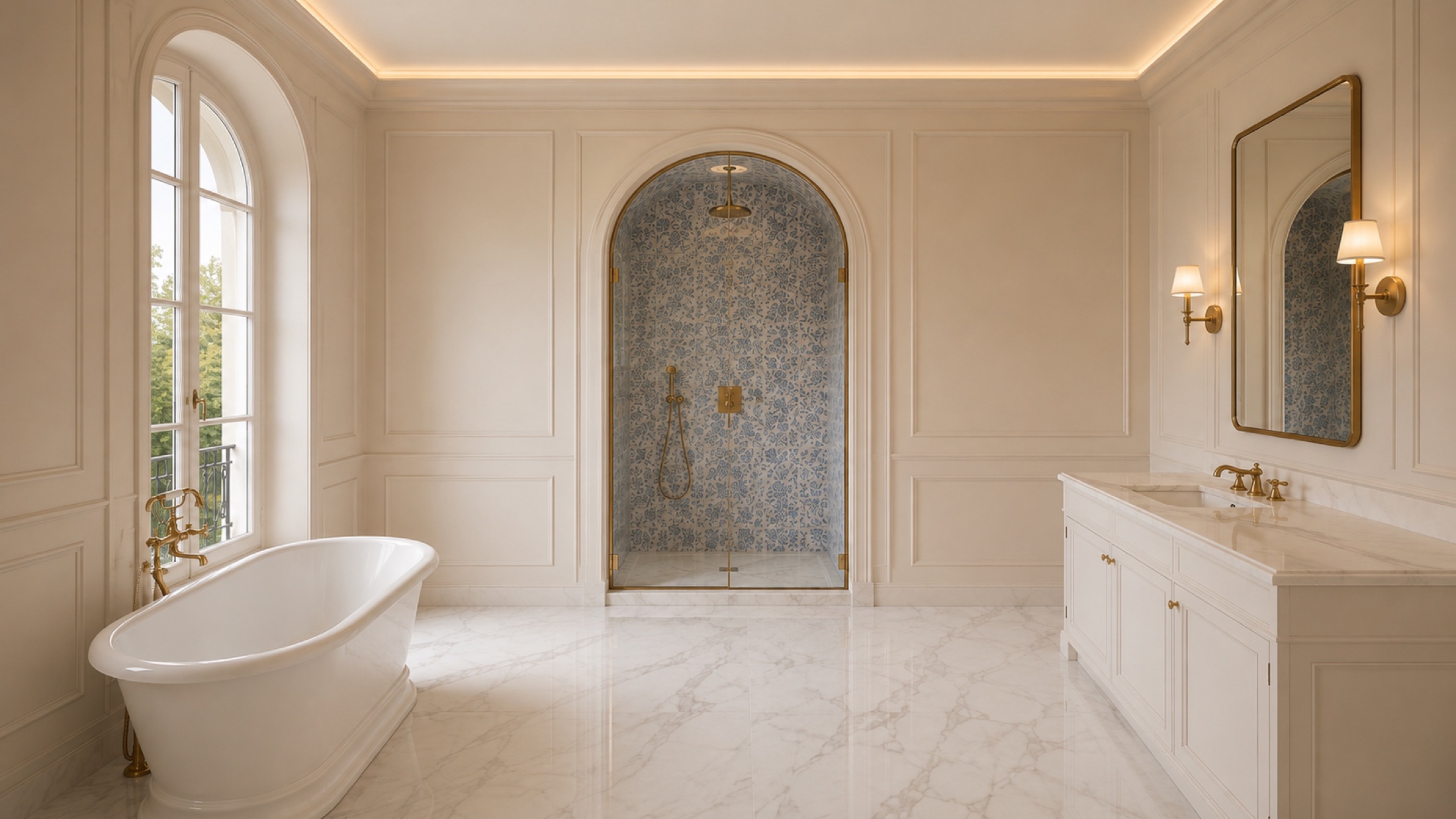 Salle de bain rénovée : alcôve de douche cintrée, baignoire îlot, marbre
